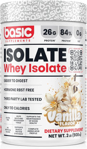 BASIC SUPPLEMENTS Basic Whey Protein Isolate vanilla tub for rapid post-workout fueling.