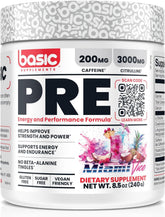 Basic Supplements Pre-Workout bottle with caffeine boost for focused energy during workouts