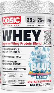 BASIC SUPPLEMENTS Whey Protein canister with blue marshmallow flavor for fueling workouts