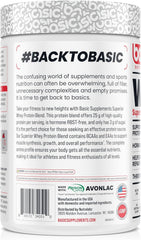 BASIC SUPPLEMENTS label closeup highlights gluten-free, clean formula.