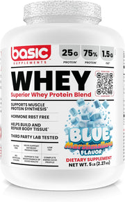 BASIC SUPPLEMENTS whey protein powder scoop for quick post-workout fueling.
