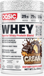 BASIC SUPPLEMENTS whey protein powder tub front supports muscle recovery after workouts.