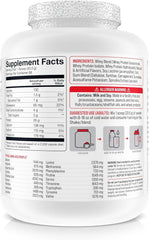 BASIC SUPPLEMENTS whey protein powder tub front highlighting gluten-free, RBST-free formula.