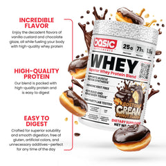 BASIC SUPPLEMENTS scoop in jar helps plan daily protein intake.