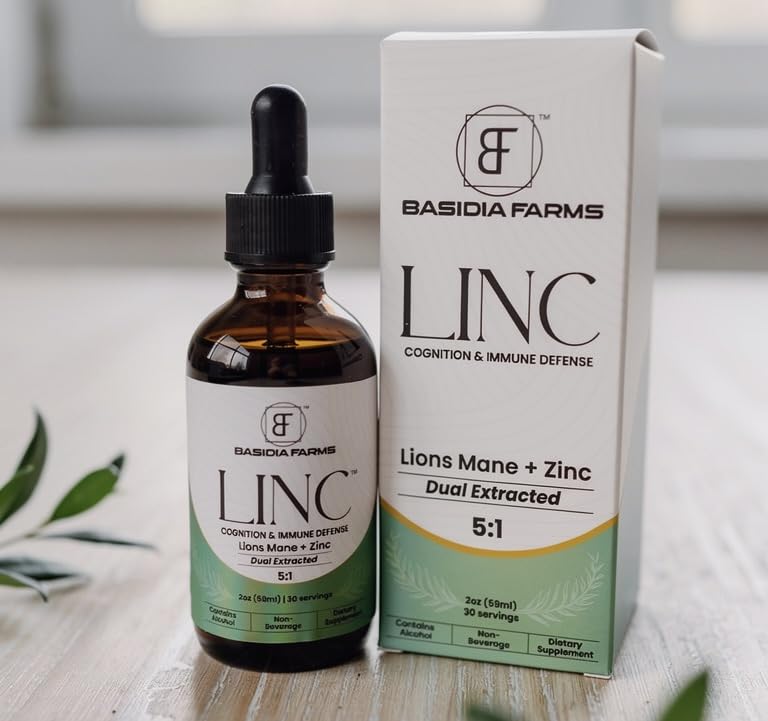 Basidia Farms LINC tincture bottle with dropper for mental clarity.