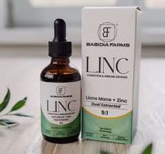 Basidia Farms LINC tincture bottle with dropper for mental clarity.
