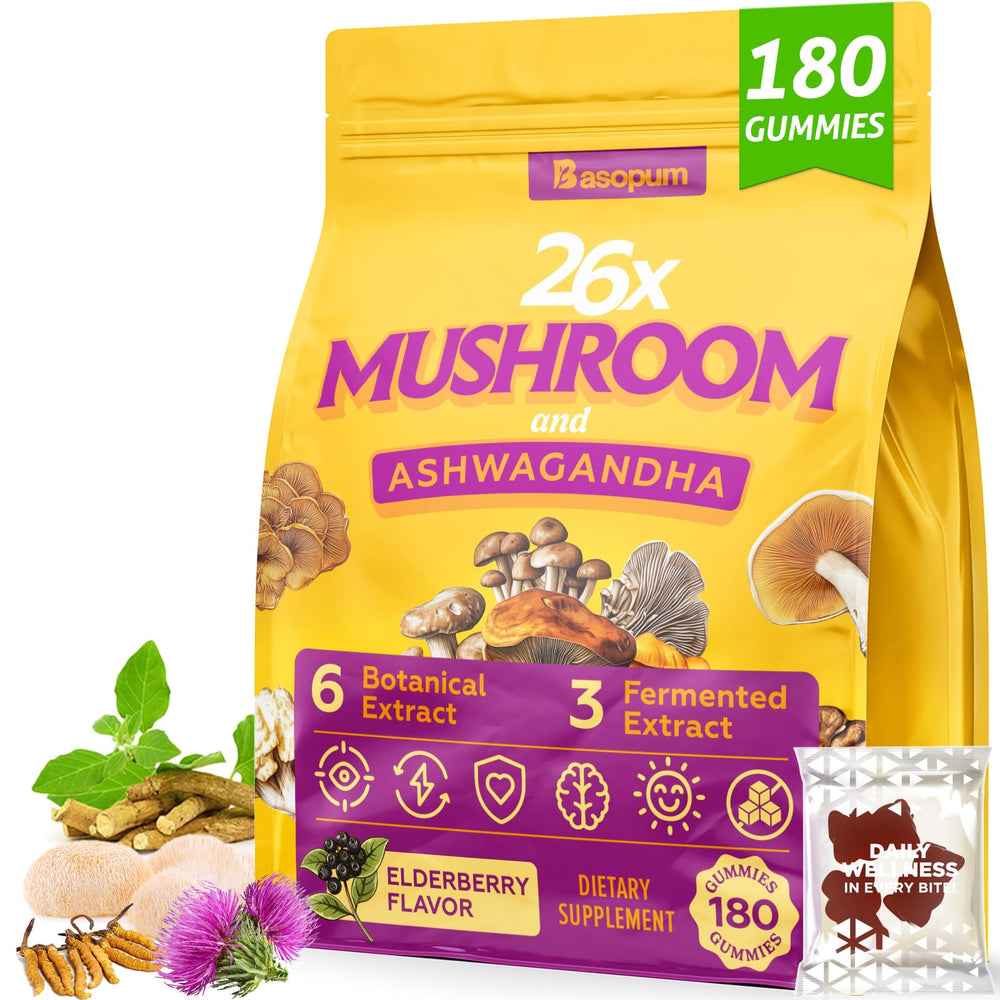 Basopum Mushroom Gummies jar shows a convenient daily focus boost
