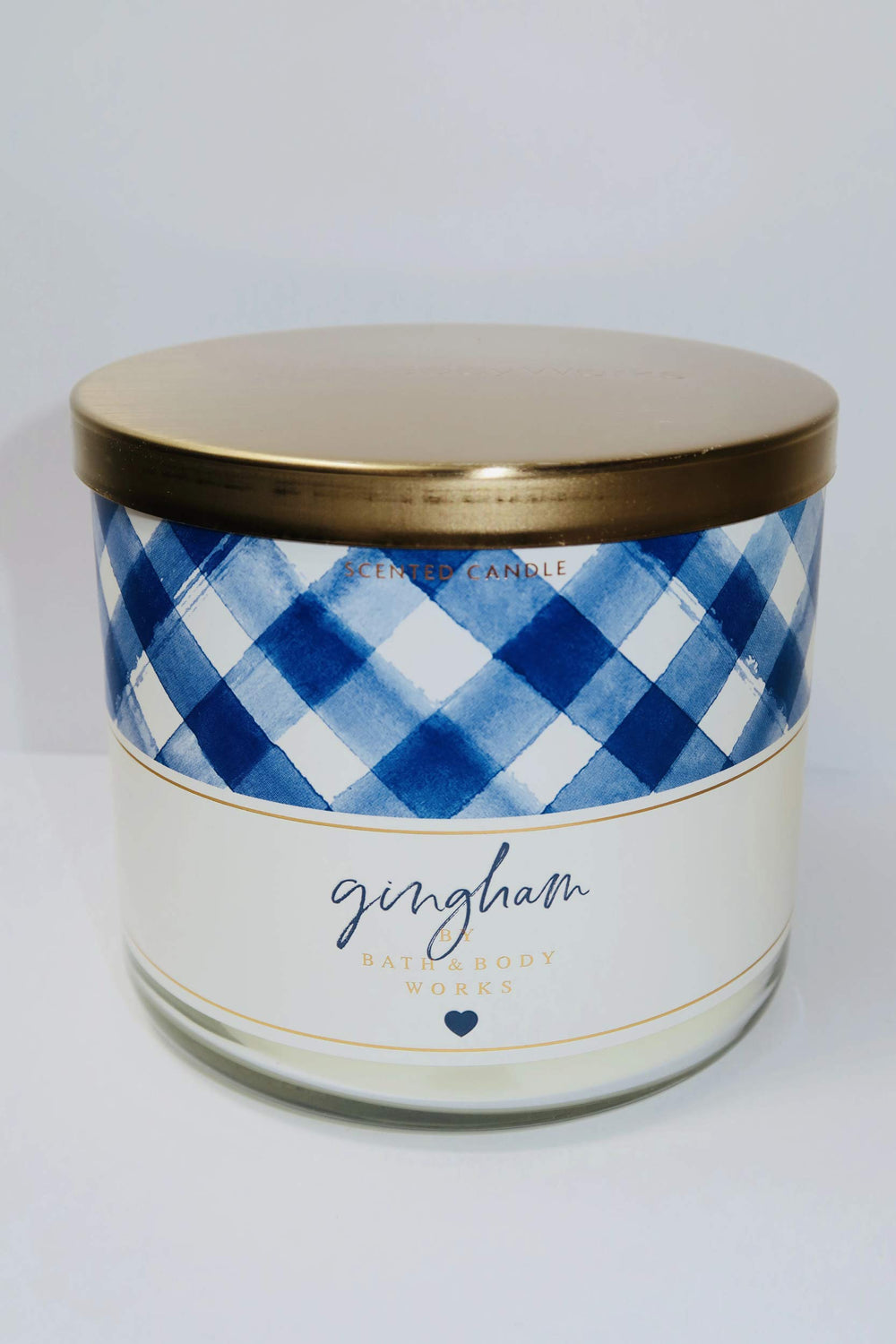 Bath & Body Works Gingham 3-Wick Candle jar close-up for long-lasting fragrance.