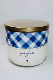 Bath & Body Works Gingham 3-Wick Candle jar close-up for long-lasting fragrance.