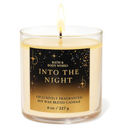 Bath & Body Works Into The Night candle jar close-up highlights a cozy aroma ambience.