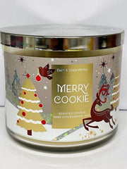 Bath & Body Works Merry Cookie candle with varying label artwork for festive gifting.