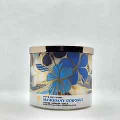Bath & Body Works White Barn 3-Wick Candle with mahogany coconut scent for cozy spaces.