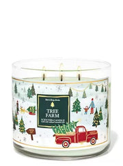 Bath and Body Works White Barn Tree Farm closeup with decorative artwork