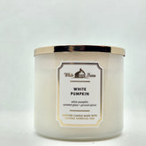 Bath & Body Works White Barn 3-Wick Candle with Essential Oils in White Pumpkin jar for autumn ambiance.