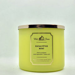 Bath & Body Works White Barn 3-Wick Candle Eucalyptus Mint, fresh room aroma.