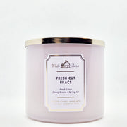 Bath and Body Works White Barn 3-Wick Candle Fresh Cut Lilac label close-up for premium scent