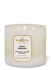 Detail of the White Barn 3-Wick Candle label featuring White Gardenia scent