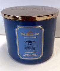 Bath and Body Works White Barn 3-Wick Candle Laundry Day label creates a fresh ambiance.