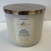 Bath and Body Works White Barn 3-Wick Candle with White Gardenia jar for cozy spaces.