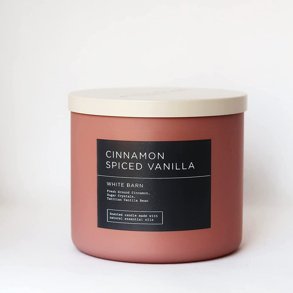 Bath & Body Works White Barn Cinnamon Spiced Vanilla 3-Wick Candle jar for cozy home fragrance.