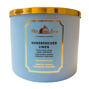 Bath & Body Works White Barn Sundrenched Linen label close-up for premium ambiance.
