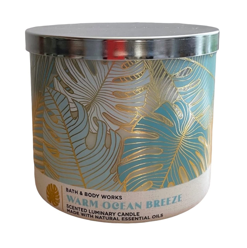 Bath & Body Works White Barn Warm Ocean Breeze candle front view for cozy evenings.