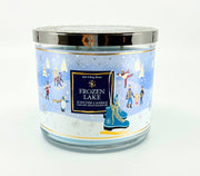 Bath & Body Works White Barn 3-Wick Candle Frozen Lake front view enhances cozy winter ambiance.