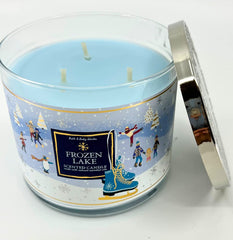 Bath & Body Works White Barn 3-Wick Candle Frozen Lake label-view premium winter aroma on display.