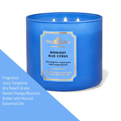 Bath and Body Works White Barn 3-Wick Candle Midnight Blue Citrus lid-on glass exudes modern elegance.
