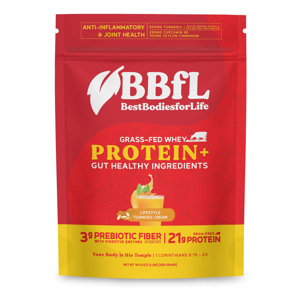 BBfL Grass-Fed Whey Protein Shake bottle shows a complete amino profile for active days.