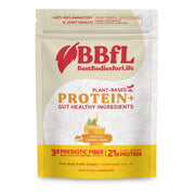 BBfL turmeric cream protein shake glass showing creamy texture for vegan boost