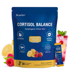 Bcuelov Cortisol Drink Mix in raspberry lemonade glass for a refreshing relaxation ritual.