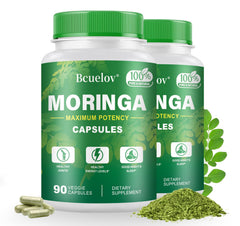 Bcuelov Moringa capsules bottle front view, highlighting 800 mg capsules for energy support.