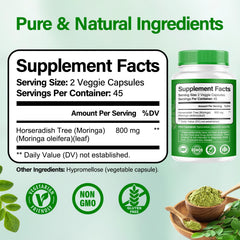 Bcuelov Moringa capsules bottle side view emphasizes compact daily immune-boosting supplement.