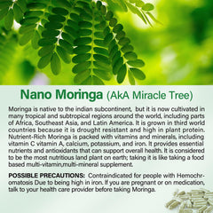 Bcuelov Moringa capsules label closeup shows pure leaf extract for daily nourishment.