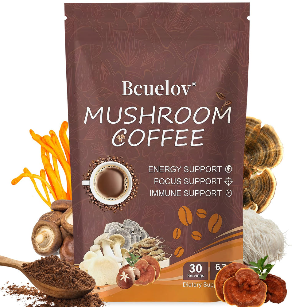 Bcuelov Mushroom Coffee powder jar close-up for steady morning energy.