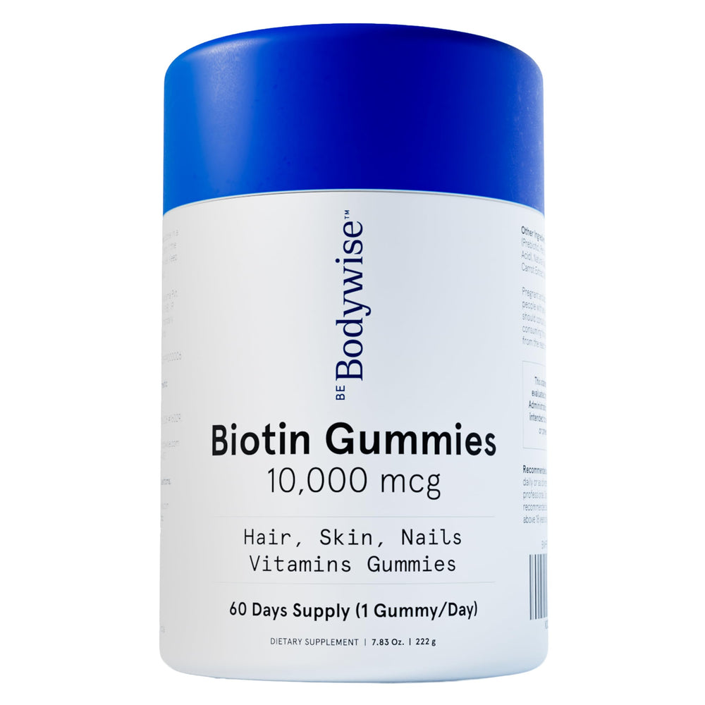 Be Bodywise Biotin gummies bottle showing convenient daily hair and nail nutrition.