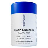 Be Bodywise Biotin gummies bottle showing convenient daily hair and nail nutrition.