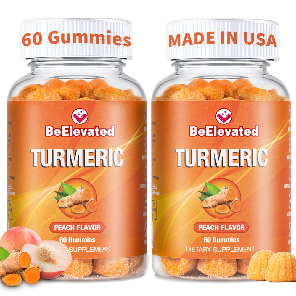BeElevated Curcumin Turmeric Gummies peach bottle promotes convenient daily wellness.