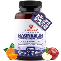 BeElevated triple magnesium bottle on counter highlighting vegan formula for daily use