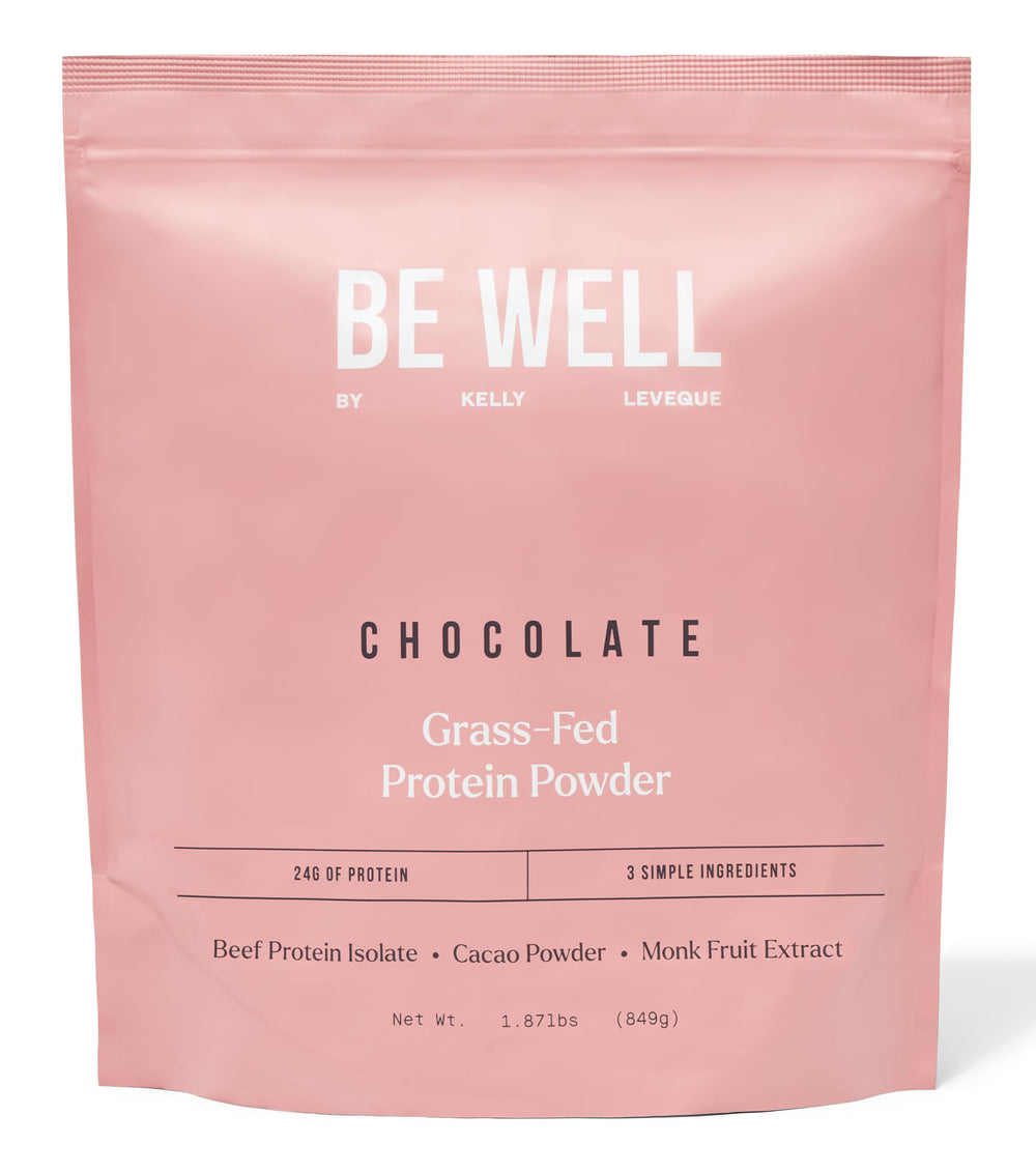 Be Well by Kelly chocolate beef protein powder being poured for a protein-rich shake
