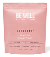 Be Well by Kelly chocolate beef protein powder being poured for a protein-rich shake