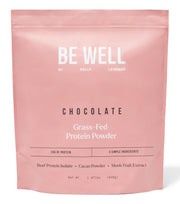 Be Well by Kelly chocolate beef protein powder being poured for a protein-rich shake