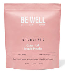 Be Well by Kelly chocolate beef protein powder being poured for a protein-rich shake