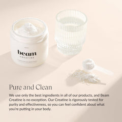 Beam Creatine Powder scoop pouring powder into shaker for quick pre-workout use.