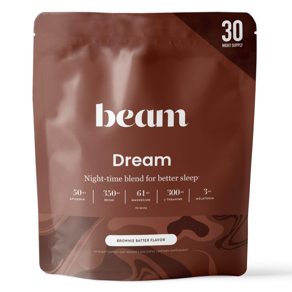 Beam Dream Sleep Powder tub front highlights a premium nighttime blend for restful evenings.