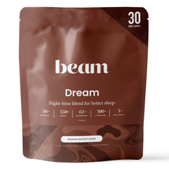 Beam Dream Sleep Powder tub front highlights a premium nighttime blend for restful evenings.