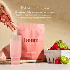 Beam Glow powder tub dispense scoop highlights convenient serving for mood support.