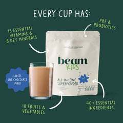 Beam Kids All-in-One shake with milk demonstrates easy daily mixing.