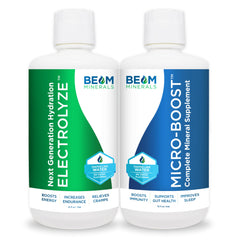 BEAM Minerals Electrolyze bottle pour demonstrates electrolyte-rich hydration support.